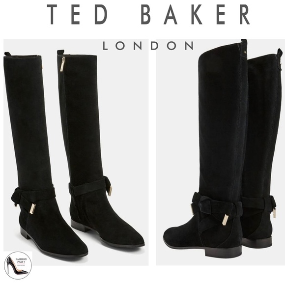Ted Baker Shoes | Ted Baker Sintiia Suede Bow Detail Knee High Black Riding Block Heel Boots 37.5 | Color: Black/Gold | Size: 7 | Fashion_Pass7's